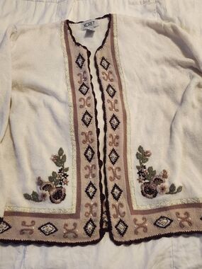VINTAGE Koret Cream Cardigan with Pink and Green Floral Embroidery & Beadwork